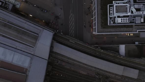 AERIAL: Beautiful Overhead Flight Over Downtown Berlin Mitte, Germany Friedrichstrasse with Train