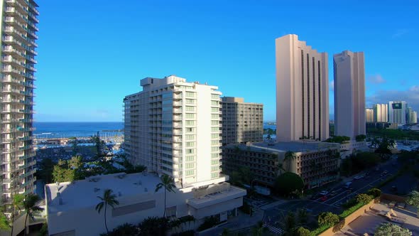 View from a height to luxury buildings and hotels in Hawaii