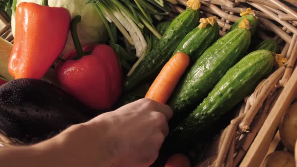 Assortment of Fresh Vegetables and Fruits on Wooden Table