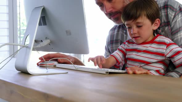 Father and son using desktop pc