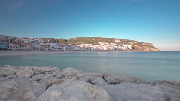 Sunset at Small Town of Sesimbra Portugal Panorama Timelapse