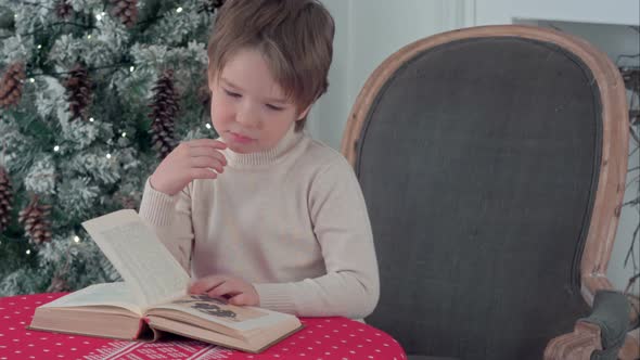 Serious Little Boy Reading a Book on Christmas Eve