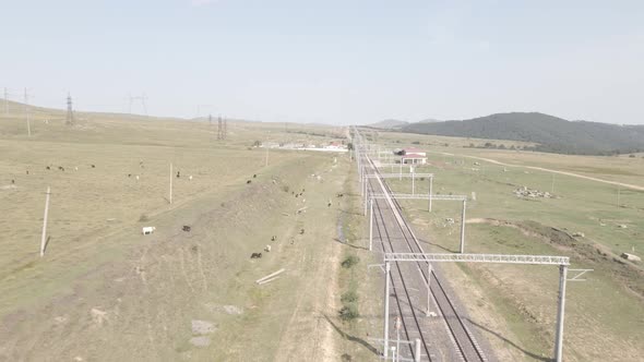 Samtskhe-Javakheti, Georgia - August 23 2021: Aerial view of Bedeni railway station