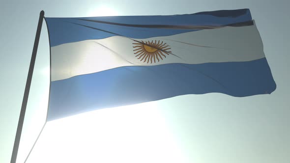 Waving Flag of Argentina Against Shining Sun and Sky