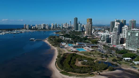 Aerial view showing Australia's Gold Coast waterways and urban sprawl on a clear day