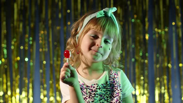 Futuristic Hipster Teen Girl Licking Lollipop Candy in Slow Motion at Disco Party Cyberpunk Club