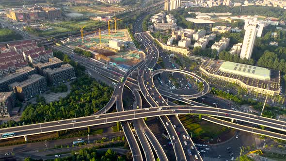 Aerial view of highway and overpass in city