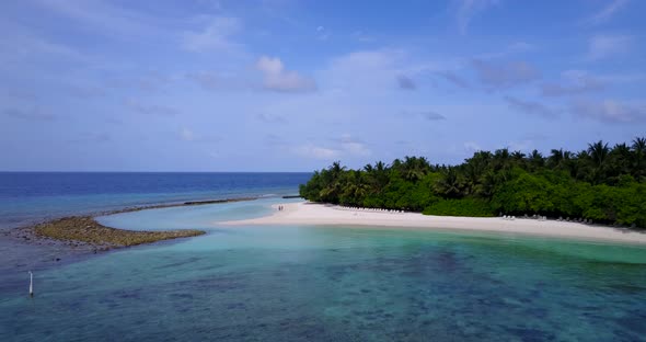 Wide angle birds eye abstract shot of a summer white paradise sand beach and turquoise sea background