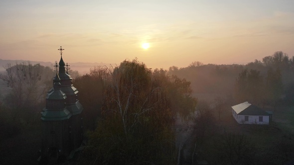 Ukraine. Ukrainian village in autumn. Aerial view. Ukrainian windmill. Foggy morning.