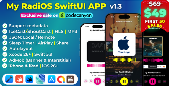 My RadiOS SwiftUI APP iOS 26, Radio Stream, Radio Swift, iOS APP Template (Single Station) 