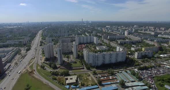 Aerial Summer Panorama with Residential Areas and Intersections, Moscow