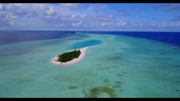 Aerial above texture of exotic coastline beach adventure by shallow ocean with clean sand background