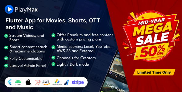 Playmax Flutter app for Online Videos, Reels & Shorts with Laravel Admin Panel