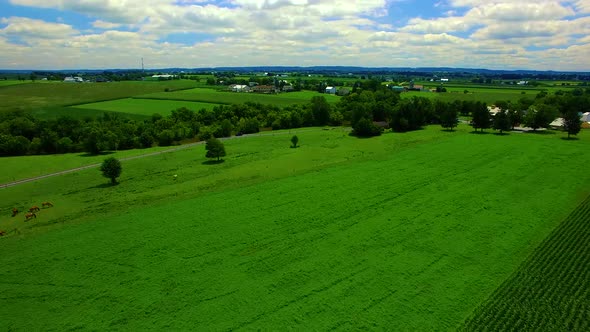 Drone aerial through Amish Countryside