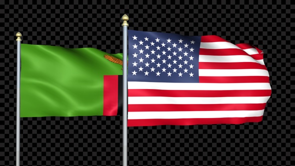 Zambia And United States Two Countries Flags Waving