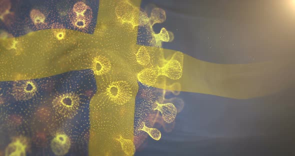 Swedish Flag With Corona Virus Bacteria 4K