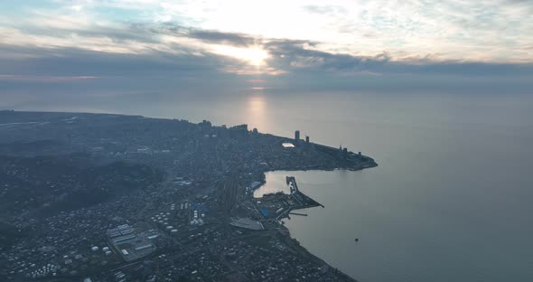 Aerial view of Batumi city at sunset. Georgia 2022 winter