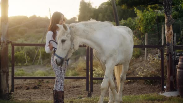 White Horse and Young Rider in the Ranch at Sunset Sky