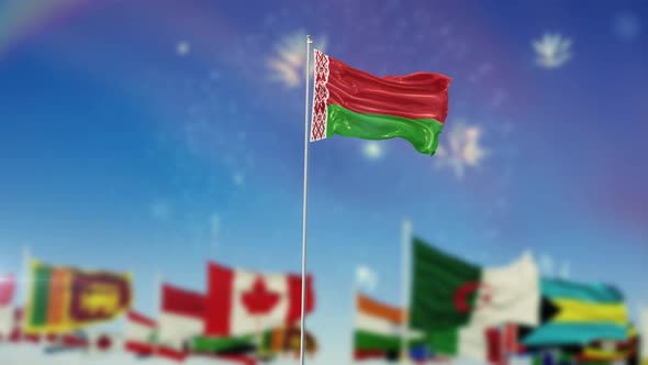 Belarus Flag With World Globe Flags And Fireworks