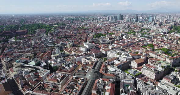 Skyline Aerial View Of Milan, Italy. Drone Footage Of City Streets.