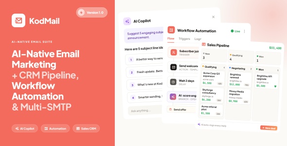 KodMail- AI-Native Email Marketing + CRM Pipeline, Campaign Builder, Automation & Multi-SMTP (SaaS)