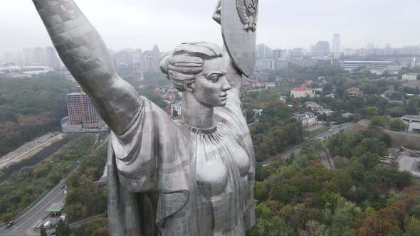 Symbol of Kyiv, Ukraine: Motherland Monument. Aerial View, Slow Motion. Kiev