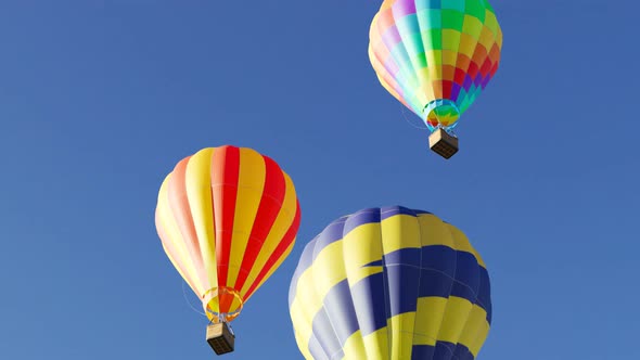 Vibrant, multi-colored hot air balloons against bright blue cloudless sky.