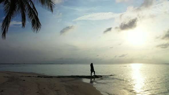 One girl posing on idyllic shore beach break by turquoise sea and white sand background of the Maldi