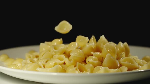 SLOW MOTION: Cooked Conchiglie Fall Into Full Plate