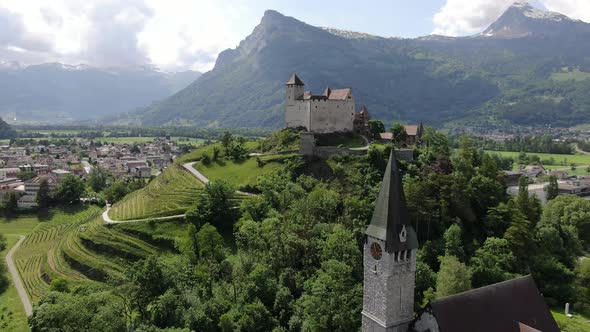 Aerial view of St. Nikolaus church and Gutenberg Castle, Balzers, Liechtenstein