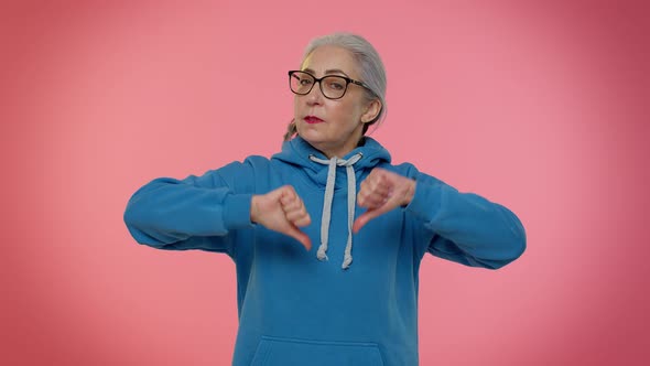 Upset Elderly Woman Showing Thumbs Down Sign Gesture Expressing Disapproval Dissatisfied Dislike