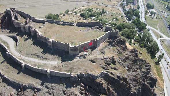 aerial view ancient stronghold drone