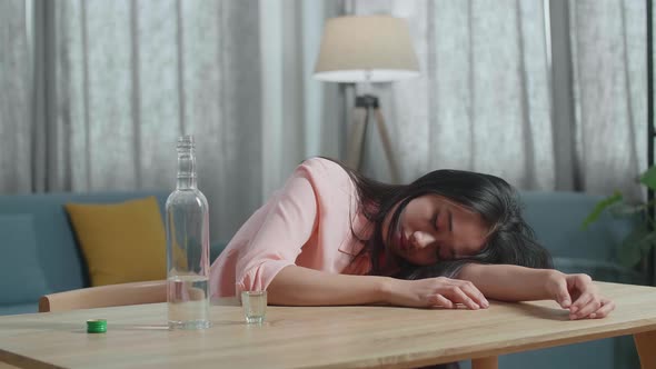 Drunk Asian Woman Sleeping At Home