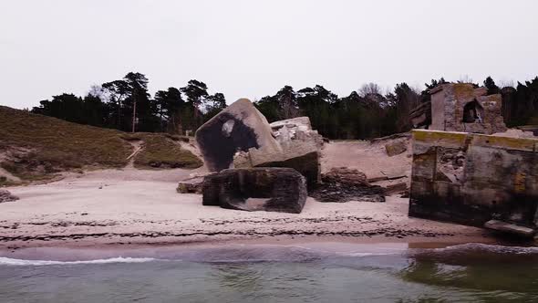 Aerial view of abandoned seaside fortification building at Karosta Northern Forts on the beach of Ba