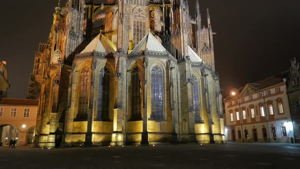 Approaching the St Vitus Cathedral at Night in Prague, Czech Republic (Czechia)