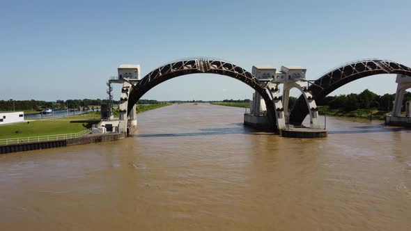 Lock and weir In Dutch River Lek Called Sluice Hagestein, aerial