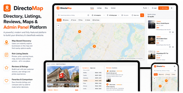 DirectoMap - Directory, Listings, Reviews, Maps & Admin Panel Platform