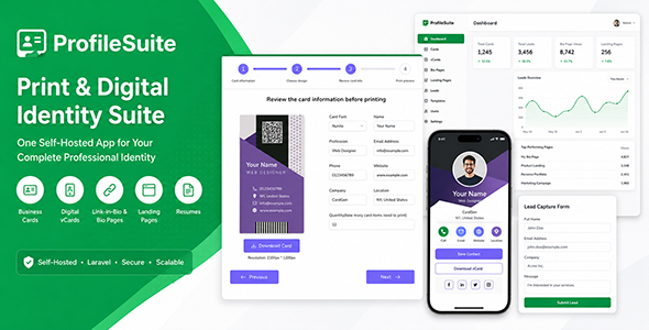 ProfileSuite (CardGen v3) – Business Cards, Digital vCard, Bio Link, Landing Page & Lead Capture