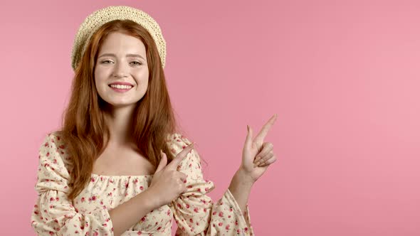 Portrait of Girl, She Indicates with Arms on Her Left with Copy Space. Happy Smiling Woman in Floral