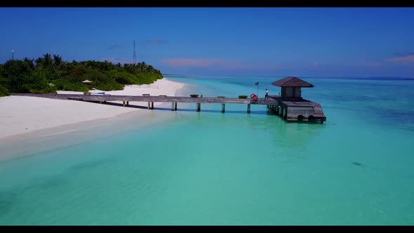 Aerial above nature of tranquil resort beach time by transparent ocean and white sandy background of