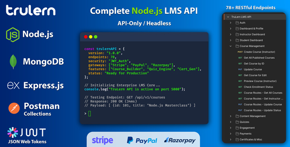 TruLern  - Headless Backend Enterprise Node.js LMS REST API (150+ Endpoints)