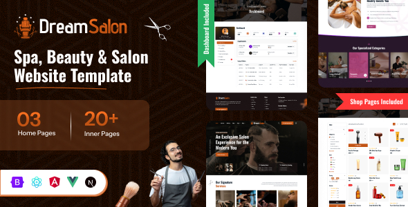Dream Salon - Beauty Salon & Spa Booking Website Template (HTML, React, Next.js, Vue & Angular)