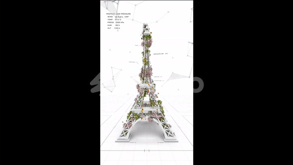 Eco-Futurist Eiffel Tower with Environmental Data HUD Animation
