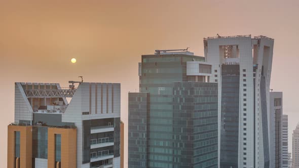 Aerial Top View of West Bay and Doha City Center During Sunrise Timelapse Qatar