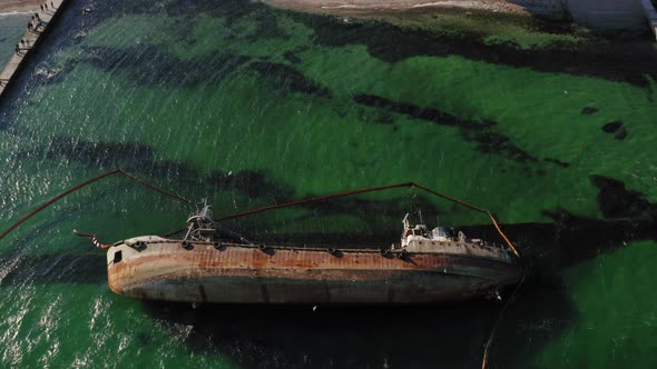 Aerial Drone Flight Over Shipwreck of Delfi in Black Sea with Panorama at Odessa Coast Ukraine