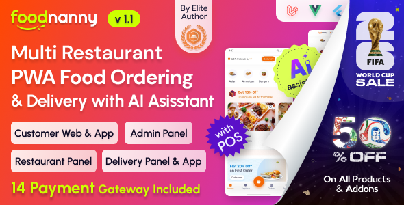 FoodNanny - Multi Restaurant Food Delivery App with PWA Website & Laravel Admin with AI Assistant
