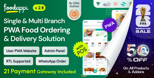FoodAppi - PWA Food Delivery System and WhatsApp Menu Ordering with Admin Panel | Restaurant POS