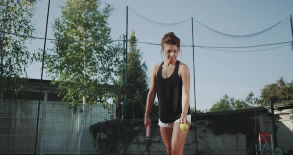 Pretty Sportswoman Serving Tennis Ball Slow Motion