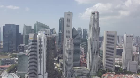 Aerial view of Singapore Marina Bay Sands mall with canal, road, cars. Modern skyscrapers in city