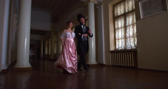 Amazing 18Th Century Palace, Elegant Couple Is Walking Through the Hall, 